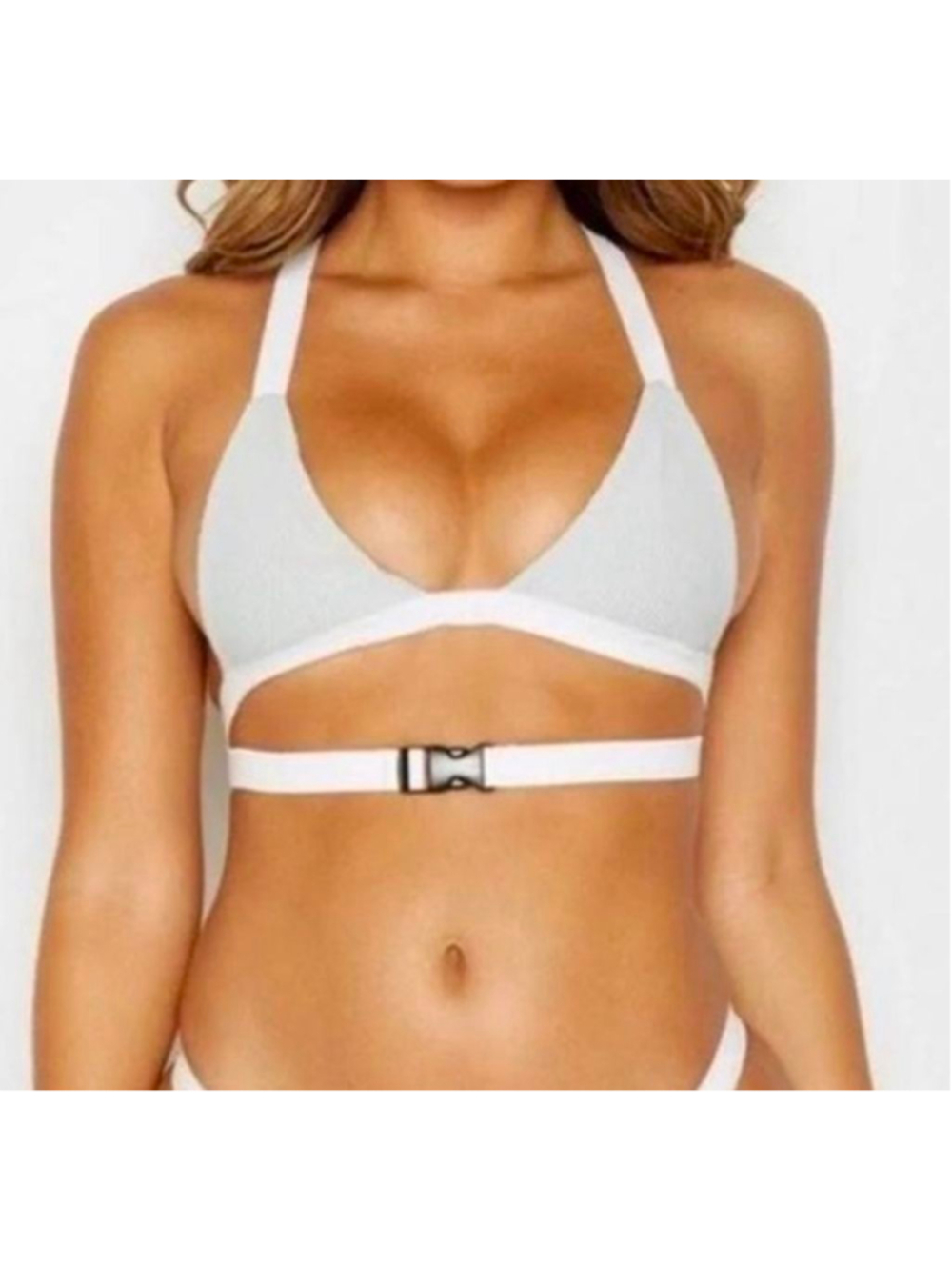 Women's Frankies Bikinis L White Gray Ribbed Buckle Bikini Top